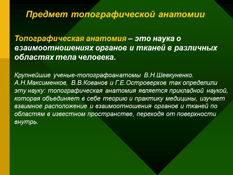 Топографическая анатомия – это наука о взаимоотношениях органов и тканей в различных областях тела Топографическая анатомия – это наука о взаимоотношениях органов и тканей в различных областях тела
